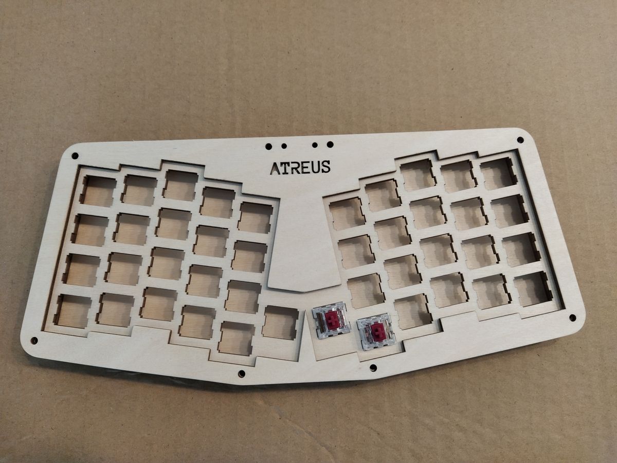Assembled Atreus keyboard case with switches in place.