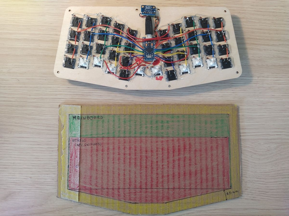 Brown cardboard template with an open Atreus keyboard above, showing the rectangular keyboard switch area